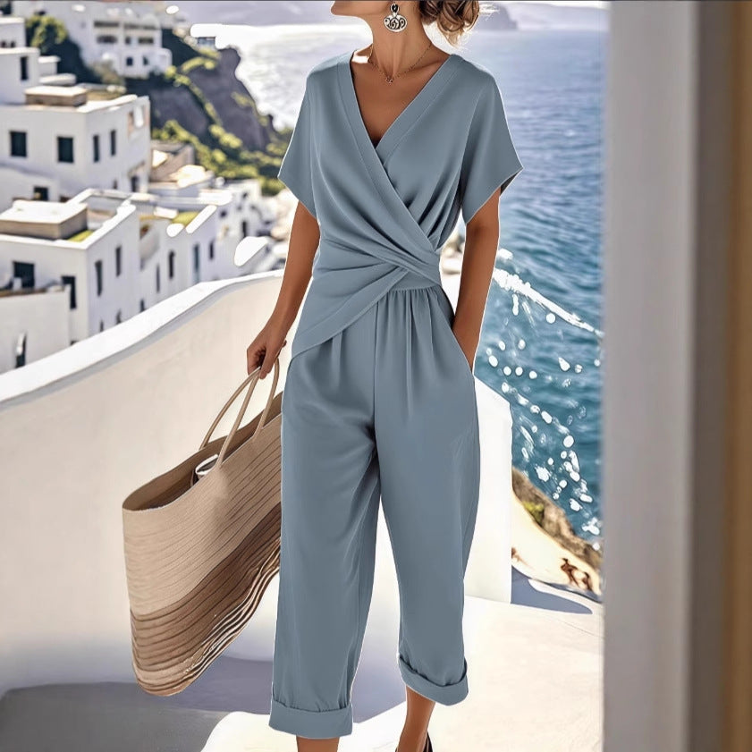 Women's Two Pieces Set Fashion Solid Color Irregular Short Sleeve Suit Summer Fashion V Neck Slim Office Suit Casual Pleated Irregular Top And Pants Female Outfit