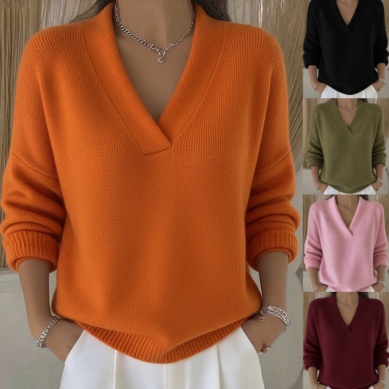 Women’s Elegant Soft V-Neck Long Sleeve Sweater | High-Sense Loose Knitted Casual Pullover | Trendy Minimalist Autumn & Winter Knitwear | Luxury-Label Statuesque Seasonal Essential | 2026 High-Fashion Radiant Comfort Wear