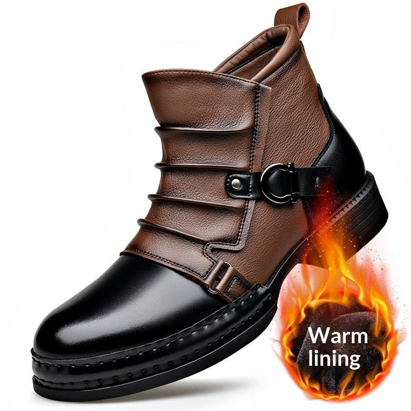 Men’s British Style Retro Thermal Boots | Fleece-Lined Winter Leather Boots with Side Zipper | Vintage Mid-Top Warm Walking Boots | Men's Elegant Waterproof Winter Footwear