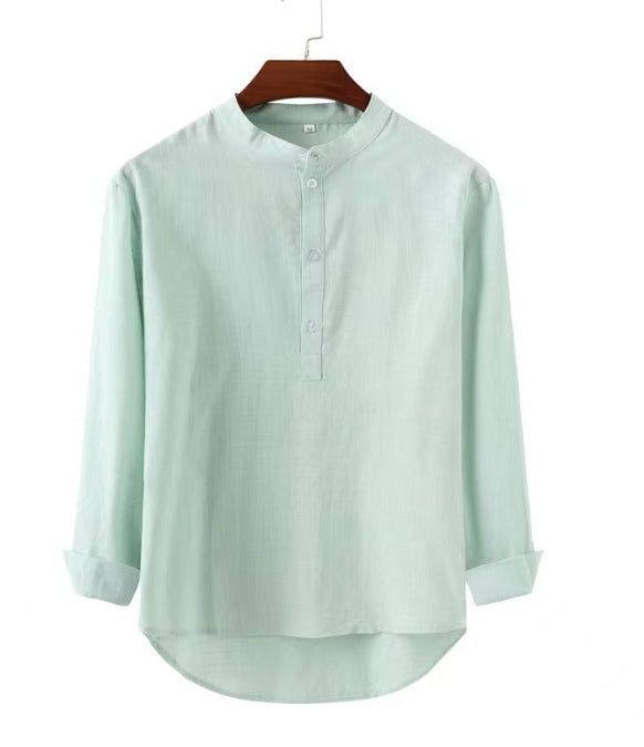 Men’s Casual Stand-Up Collar Long-Sleeved Shirt | High-Sense Solid Color Door-Barrel Blouse | Trendy Minimalist Mandarin Collar Top | Luxury-Label Statuesque Radiant Executive Wear | 2026 High-Fashion Emerald-Luxe Essential