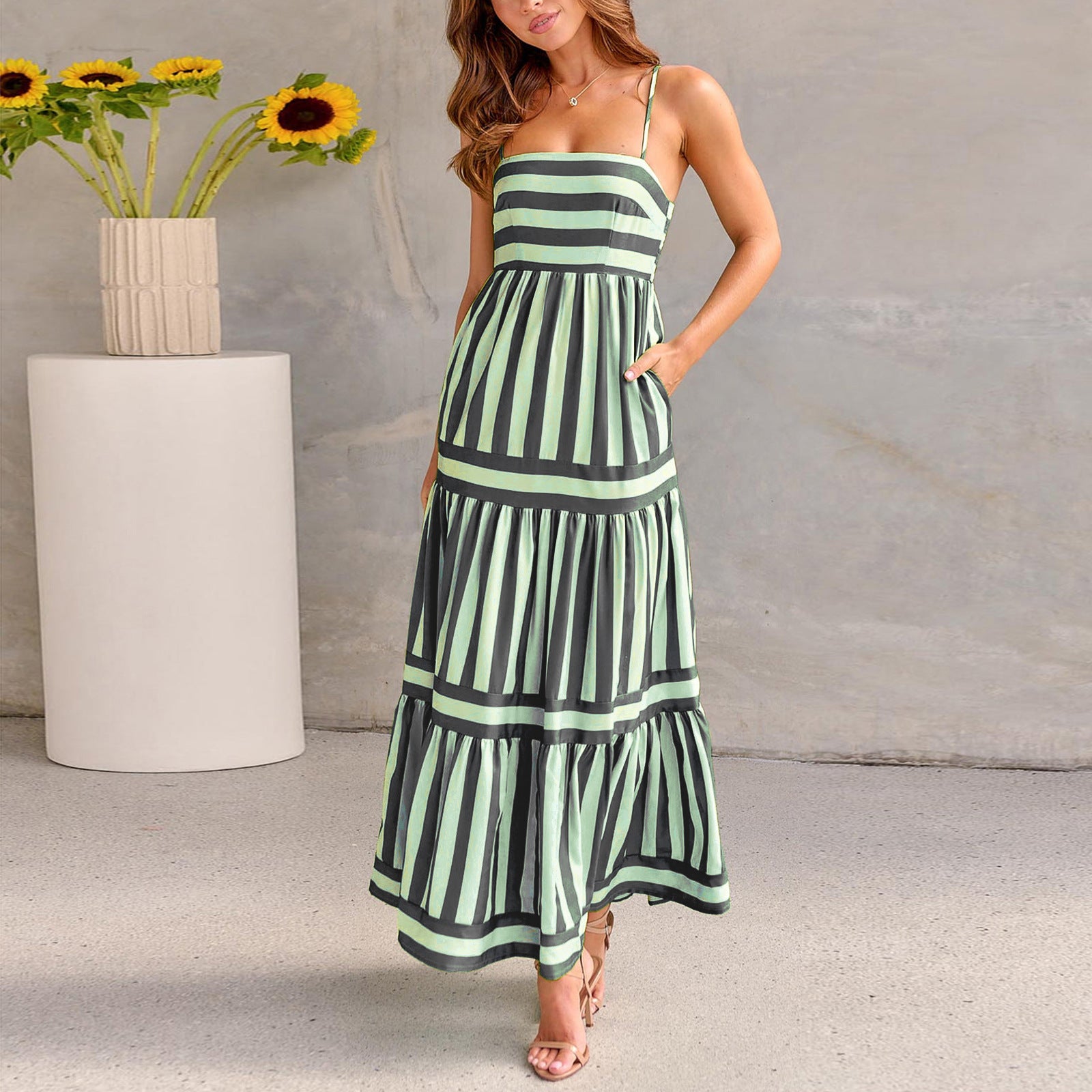 Summer Striped Suspender Maxi Dress | High-Sense Backless Beach Vacation Gown | Trendy Minimalist Square Neck Dress with Pockets | Luxury-Label Statuesque Radiant Apparel | 2026 High-Fashion Emerald-Luxe Essential