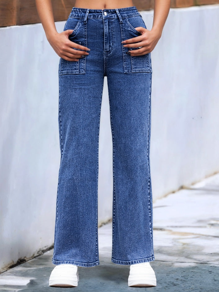 Women’s High-Waisted Wide-Leg Utility Jeans | Trendy Medium Blue Cargo Denim Pants | Streetwear Wide-Leg Trousers with Multi-Pockets | High-Sense Utility Style Denim | 2026 Urban Fashion Cargo Jeans