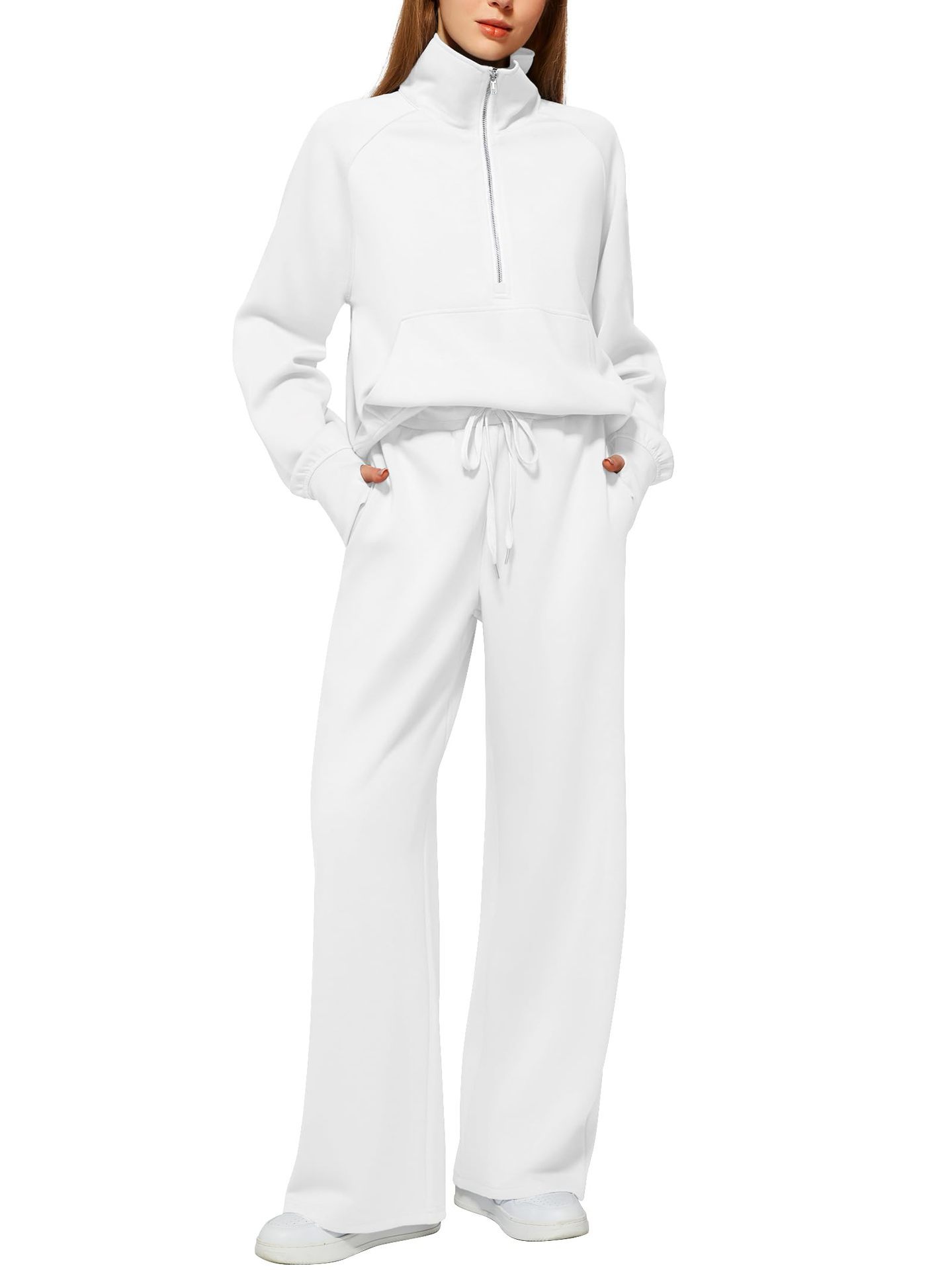 Women’s Half-Zip Sweatshirt & Wide-Leg Pants Set | Casual Solid Color Two-Piece Outfit | Elegant Long Sleeve Sporty Lounge Suit | Trendy High-Waist Wide-Leg Tracksuit | 2026 High-Fashion Athleisure Co-ord Set