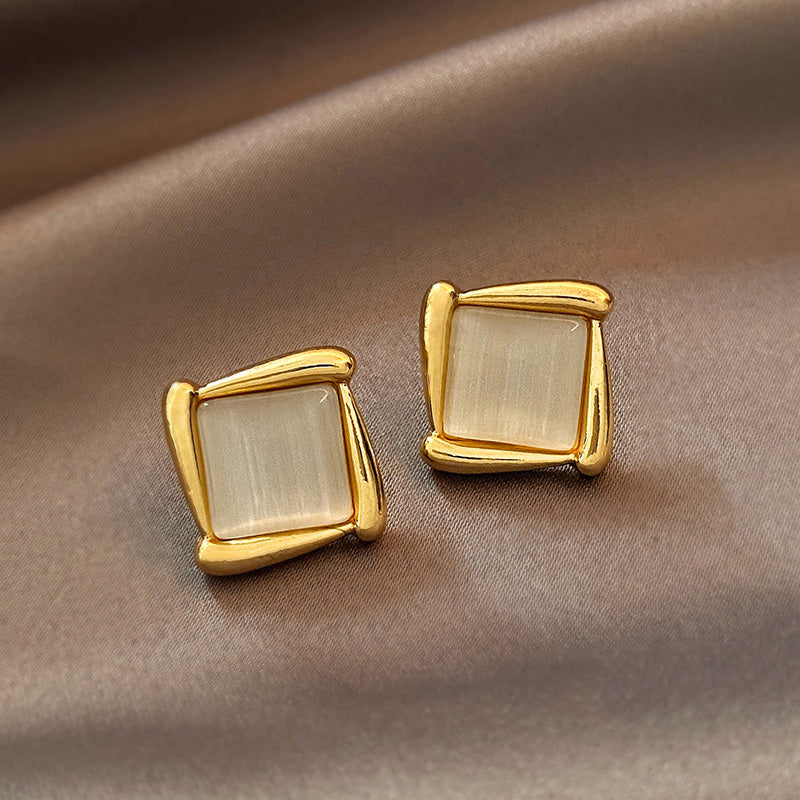 Luxury Cat’s Eye Flower Earrings | High-Sense Opal Geometric Studs | Square & Triangle Iridescent Jewelry | Elegant Floral Opal Earrings for Women