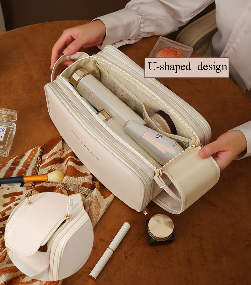 Three-Layer Double Zipper U-Shaped Cosmetic Bag | High-Capacity PU Leather Makeup Organizer | Portable Skincare Storage Bag for Women | Luxury Travel Toiletry Kit Pouch | 2026 High-Fashion Waterproof Vanity Box