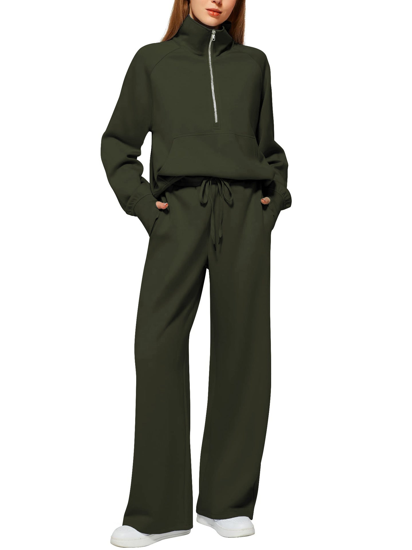 Women’s Half-Zip Sweatshirt & Wide-Leg Pants Set | Casual Solid Color Two-Piece Outfit | Elegant Long Sleeve Sporty Lounge Suit | Trendy High-Waist Wide-Leg Tracksuit | 2026 High-Fashion Athleisure Co-ord Set