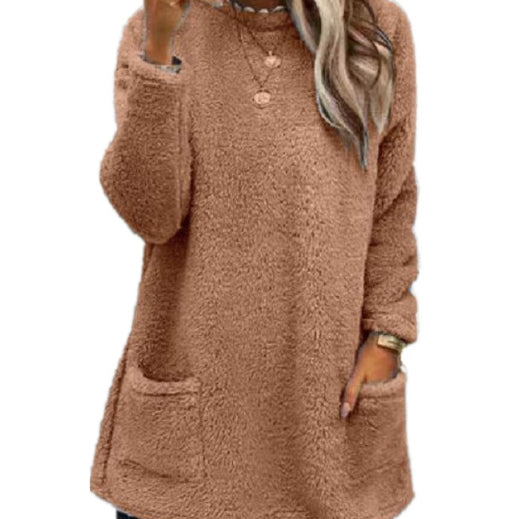 Women’s Plush Fleece Pullover Long Sweater | Winter Warm Thickened Hooded Sweatershirt | Casual Long Sleeve Plush Tops with Pockets | Trendy Loose Fit Hoodie Coat | 2026 Winter Streetwear Outerwear