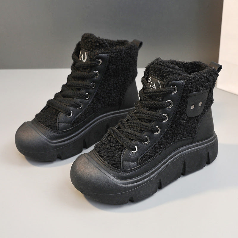 Women’s High-Top Cashmere Snow Boots | Winter Warm Lace-Up Flat Shoes | Height-Increasing Streetwear Winter Boots | Fashionable Campus Style Warm Sneakers