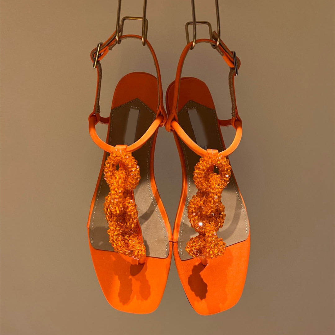 Women’s Crystal String Beads Flat Sandals | Elegant Jeweled Summer Beach Shoes | Modern Sparkling Open-Toe Boho Flats | Trendy Crystal-Embellished Strappy Sandals | 2026 Luxury Vacation Footwear