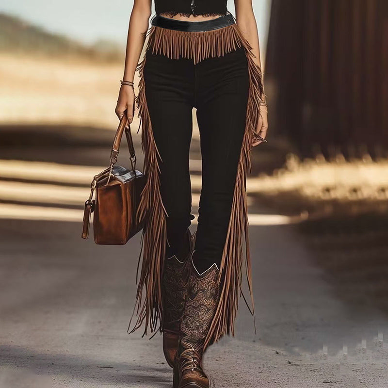 Women’s Vintage Western Fringe Pants | Slim-Fit Trousers with Fringe Detail | Elegant Waist & Leg Fringe Western Style Pants | Solid Color Retro Flare Trousers | 2026 Trendy Cowgirl Aesthetic Pants