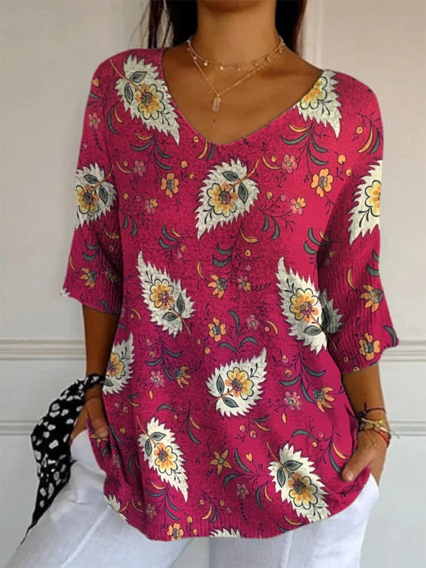Elegant Retro Womens Casual Floral Print V-Neck Long-Sleeve Top