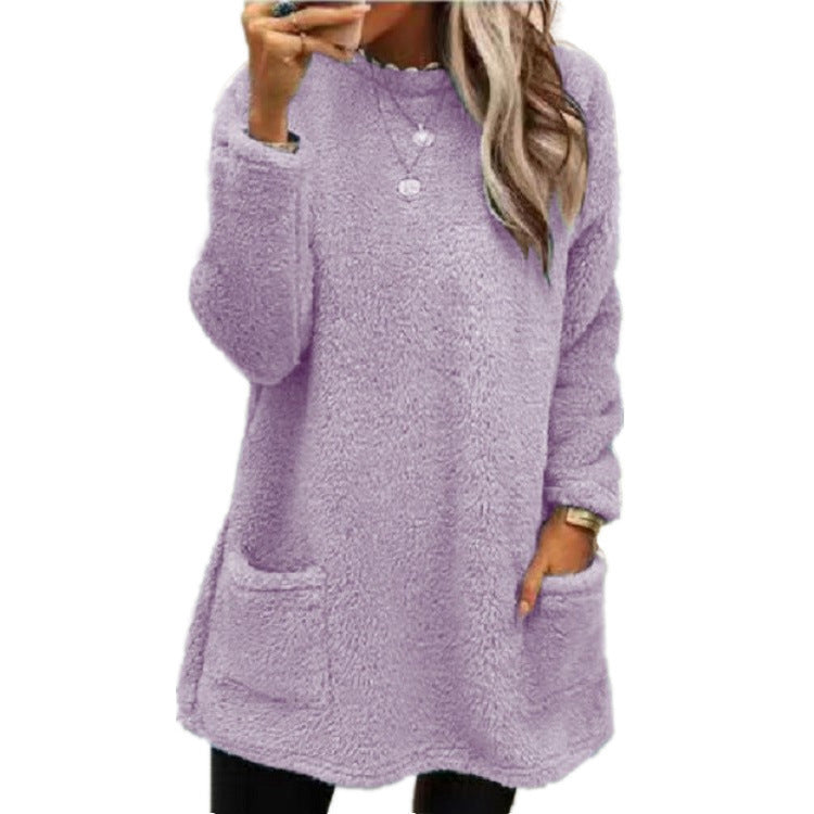 Women’s Plush Fleece Pullover Long Sweater | Winter Warm Thickened Hooded Sweatershirt | Casual Long Sleeve Plush Tops with Pockets | Trendy Loose Fit Hoodie Coat | 2026 Winter Streetwear Outerwear