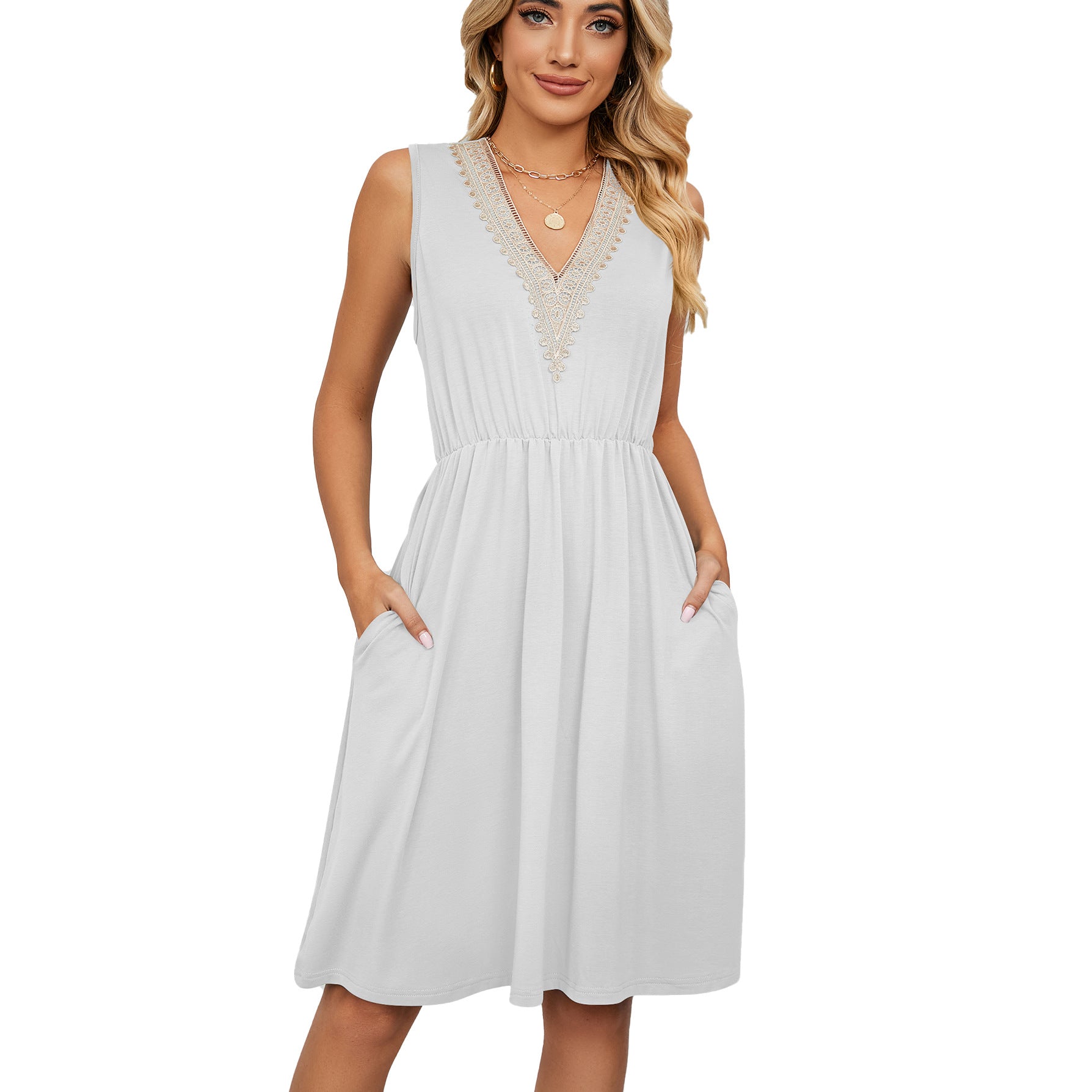 Women’s Lace Panel Sleeveless V-Neck Dress | Elegant A-Line Summer Dress with Pockets | Chic Lace Trim Party Dress | Functional & Stylish Sleeveless Sundress