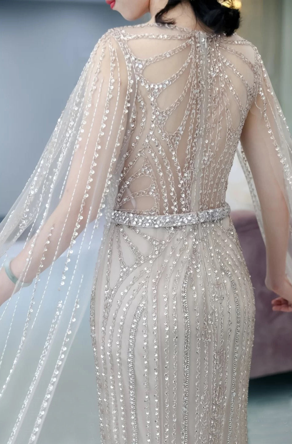 Elegant Fishtail Zipper Floating Sleeve Long Dress | Sophisticated Mermaid Host Gown | High-Sense Evening Party Dress | Luxury Flare Sleeve Formal Gown for Women