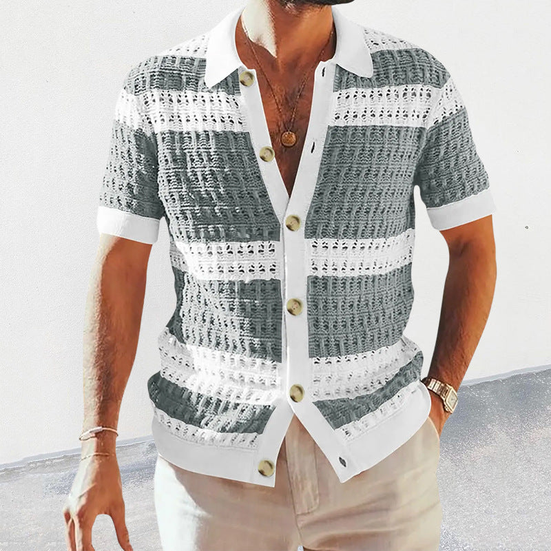 Men’s Luxury Knitted Polo Shirt | Short-Sleeve Hollow Breathable Cardigan | High-Sense Summer Knit Polo with Contrast Piping | Trendy Retro-Style Men’s Knit Top | 2026 High-Fashion Lightweight Summer Cardigan
