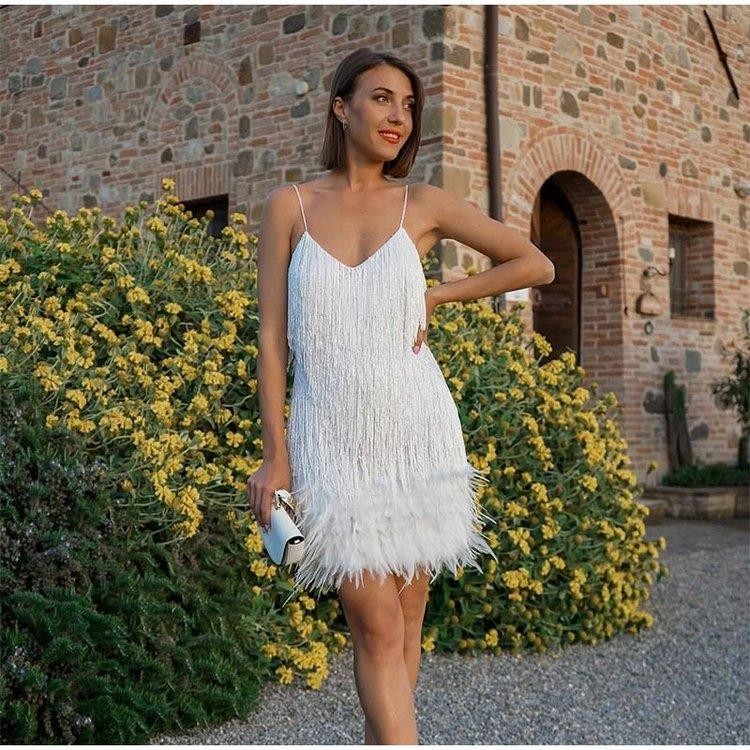 Tassel Sequins Feather Summer Mini Dress Women V Neck Spaghetti Strap Stitching Dresses Female Elegant Evening Party Club Dress