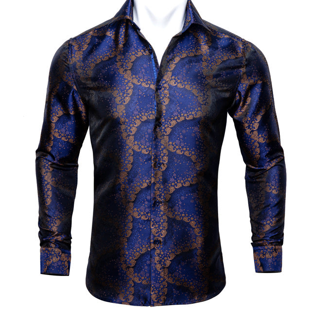Barry Wang Men's Teal Paisley Floral Silk Shirt | Luxury Long Sleeve Jacquard Designer Dress Shirt | Elegant Floral Autumn Casual Shirt for Men