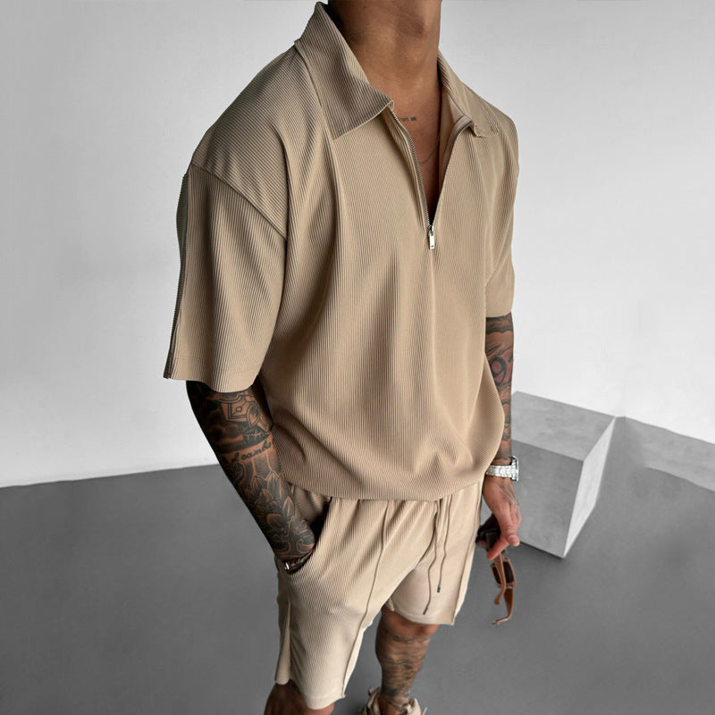 Men’s Summer Zipper Polo & Shorts Set | Casual 2-Piece Short Sleeve Outfit | Trendy Zipper Neck Polo with Drawstring Shorts | High-Sense Athleisure Men’s Set | 2026 High-Fashion Urban Summer Suit