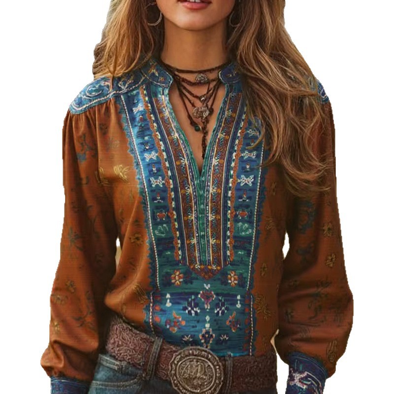 Women’s Retro Printed Button-Down Shirt | Elegant Vintage Patterned Top | Casual Long Sleeve Artistic Blouse | Sophisticated "High-Sense" Printed Shirt for Women | 2026 Streetwear Fashion