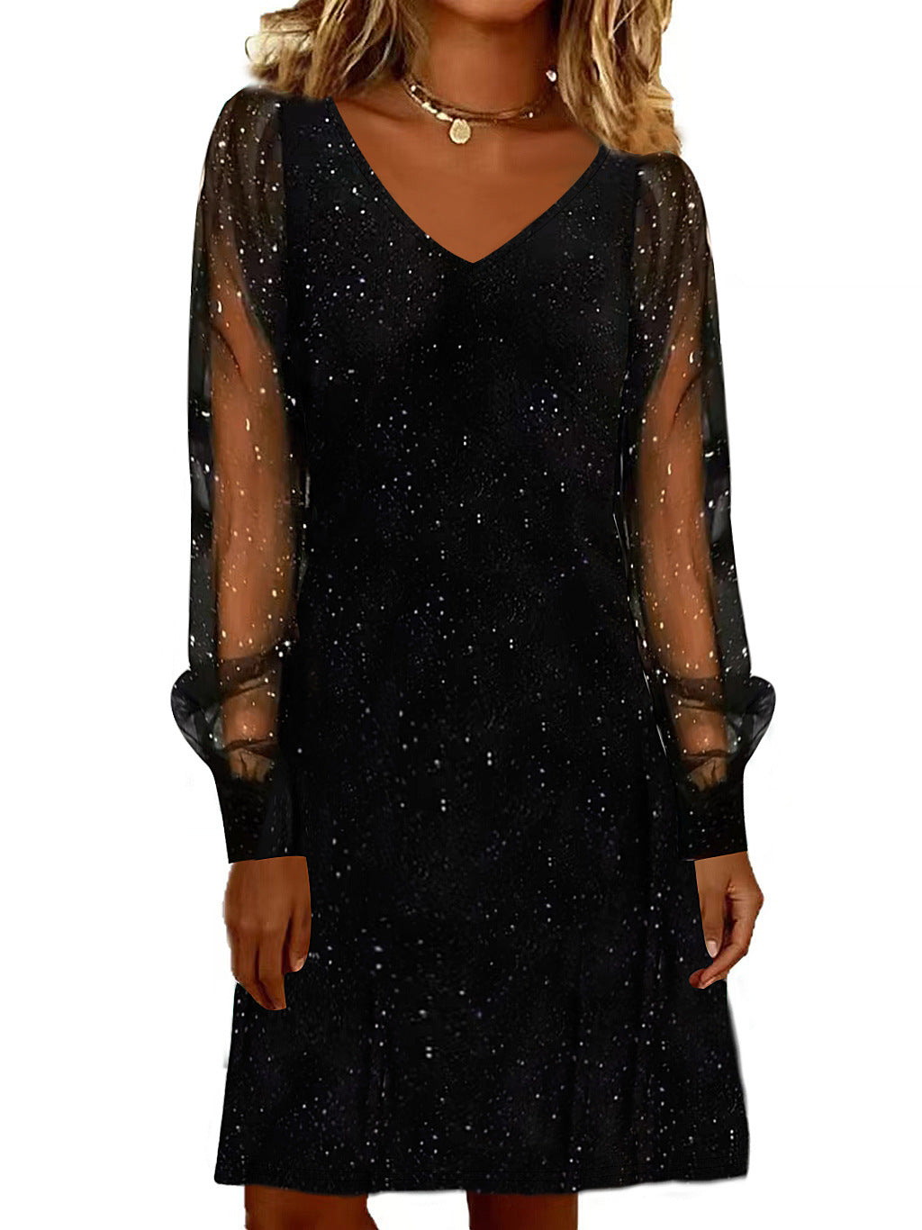 Elegant Women Dress V Neck Shiny And Glowing Mesh Sleeve Mini Dresses For Women Autumn Winter Party Dress Black Evening Dress