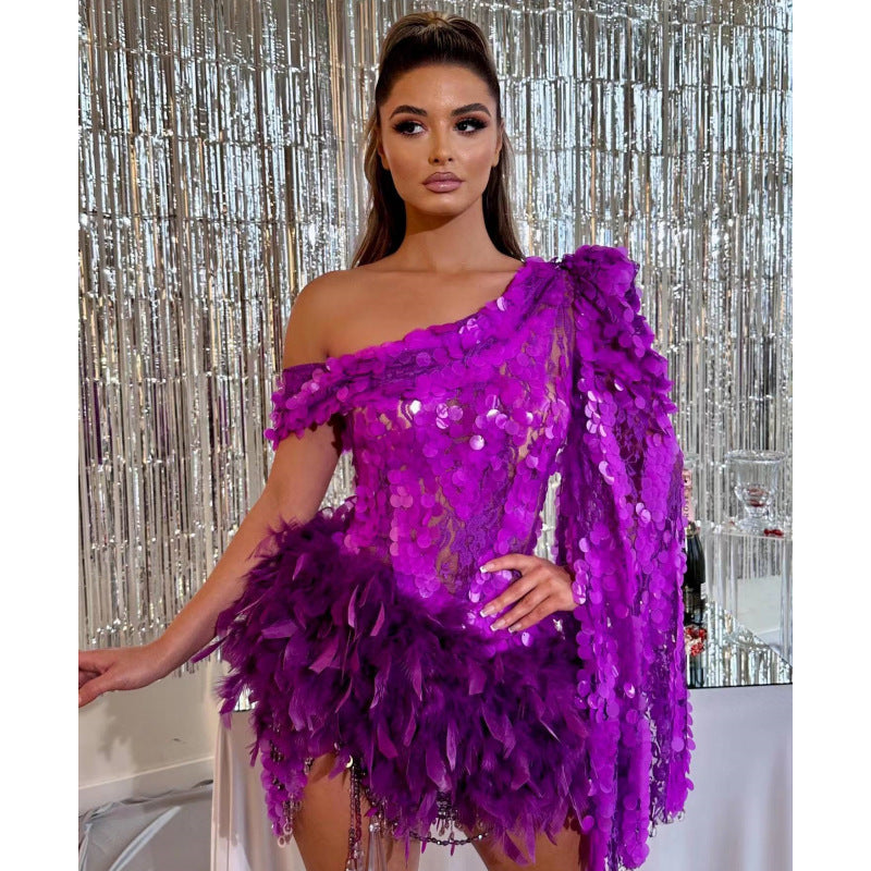 Purple Sequined Feather Skirt Dress | High-Sense One-Shoulder Luxury Party Dress | Trendy Minimalist Stage Performance Gown | Luxury-Label Asymmetrical Short Dress | 2026 High-Fashion Statuesque Sequin Outfit