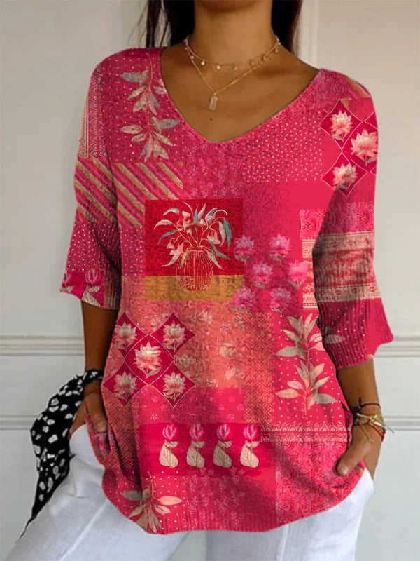 Elegant Retro Womens Casual Floral Print V-Neck Long-Sleeve Top