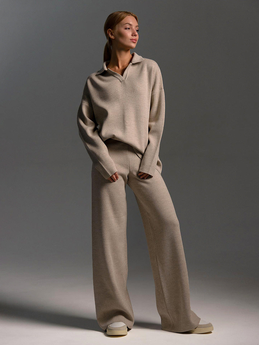 Women’s Collared Sweatshirt & Straight-Leg Pants Suit | Elegant 2-Piece Pullover Lounge Set | Casual Long-Sleeve Sport Trousers Set | Modern Minimalist Co-ord Set for Women | 2026 Trendy Streetwear Tracksuit