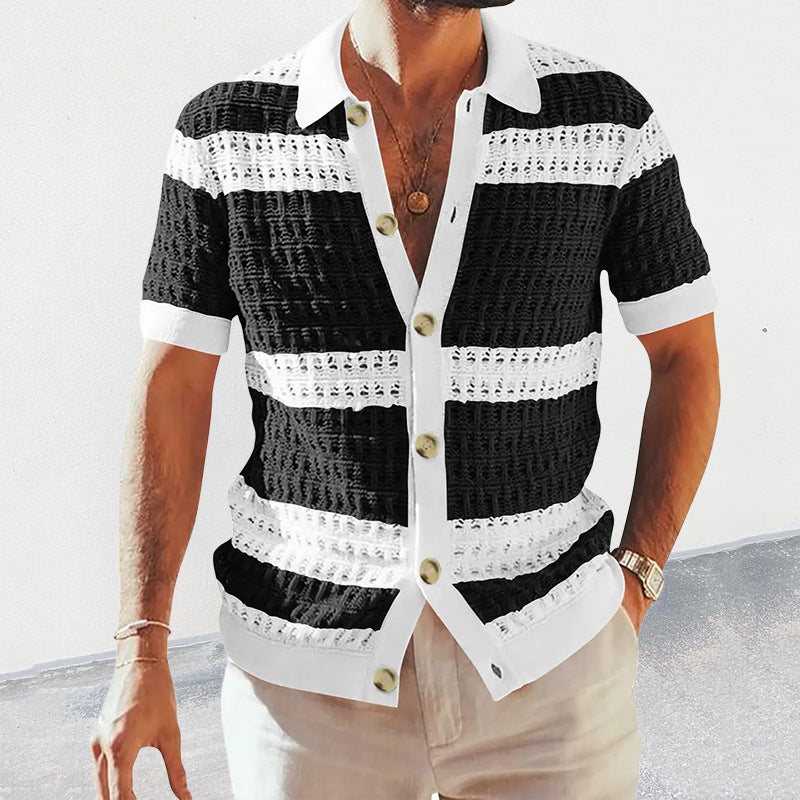 Men’s Luxury Knitted Polo Shirt | Short-Sleeve Hollow Breathable Cardigan | High-Sense Summer Knit Polo with Contrast Piping | Trendy Retro-Style Men’s Knit Top | 2026 High-Fashion Lightweight Summer Cardigan