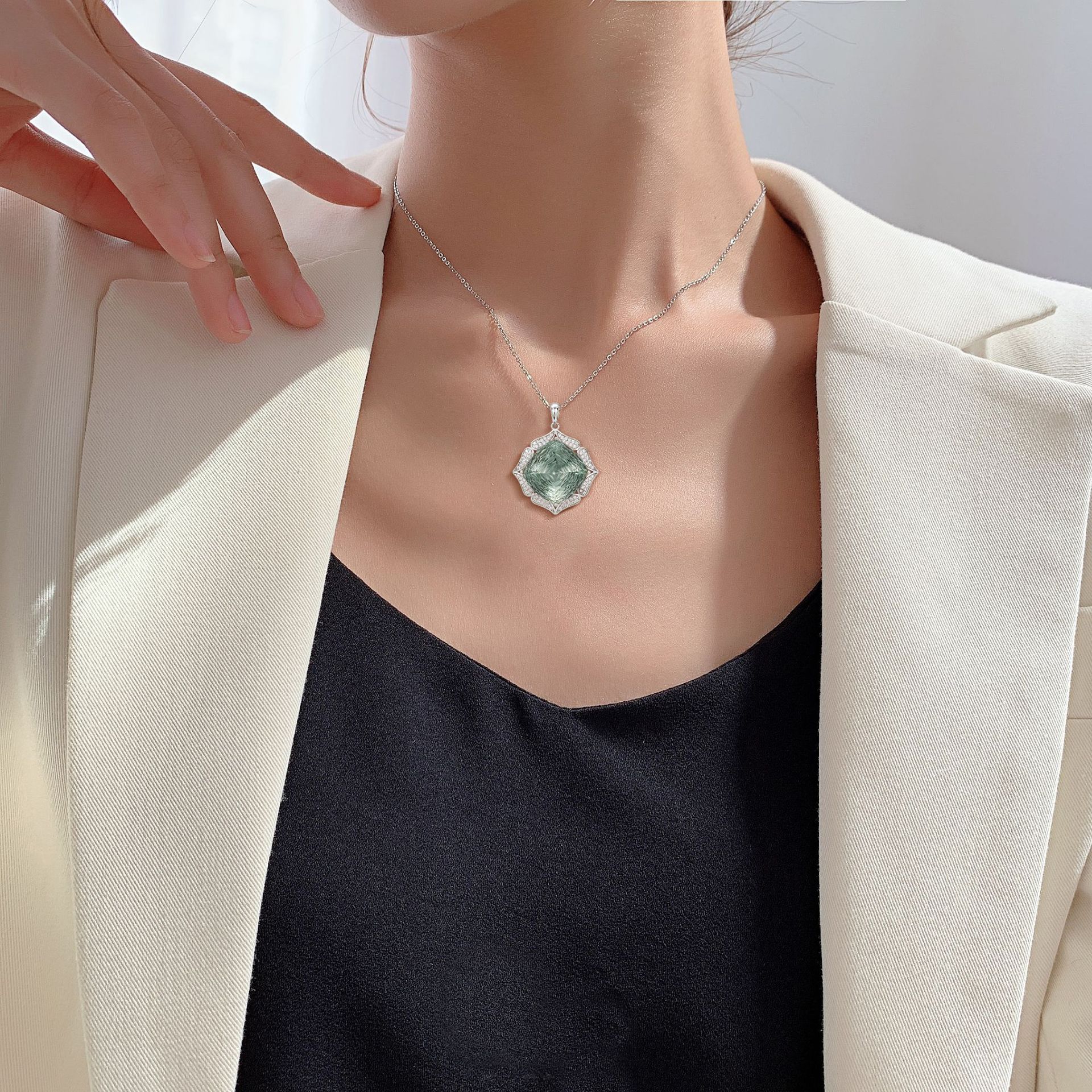Luxury S925 Silver Green Crystal Sweater Chain | Large Natural Green Gemstone Pendant Necklace | High-Grade Feminine Jewelry Set | Elegant Sterling Silver Long Necklace for Women