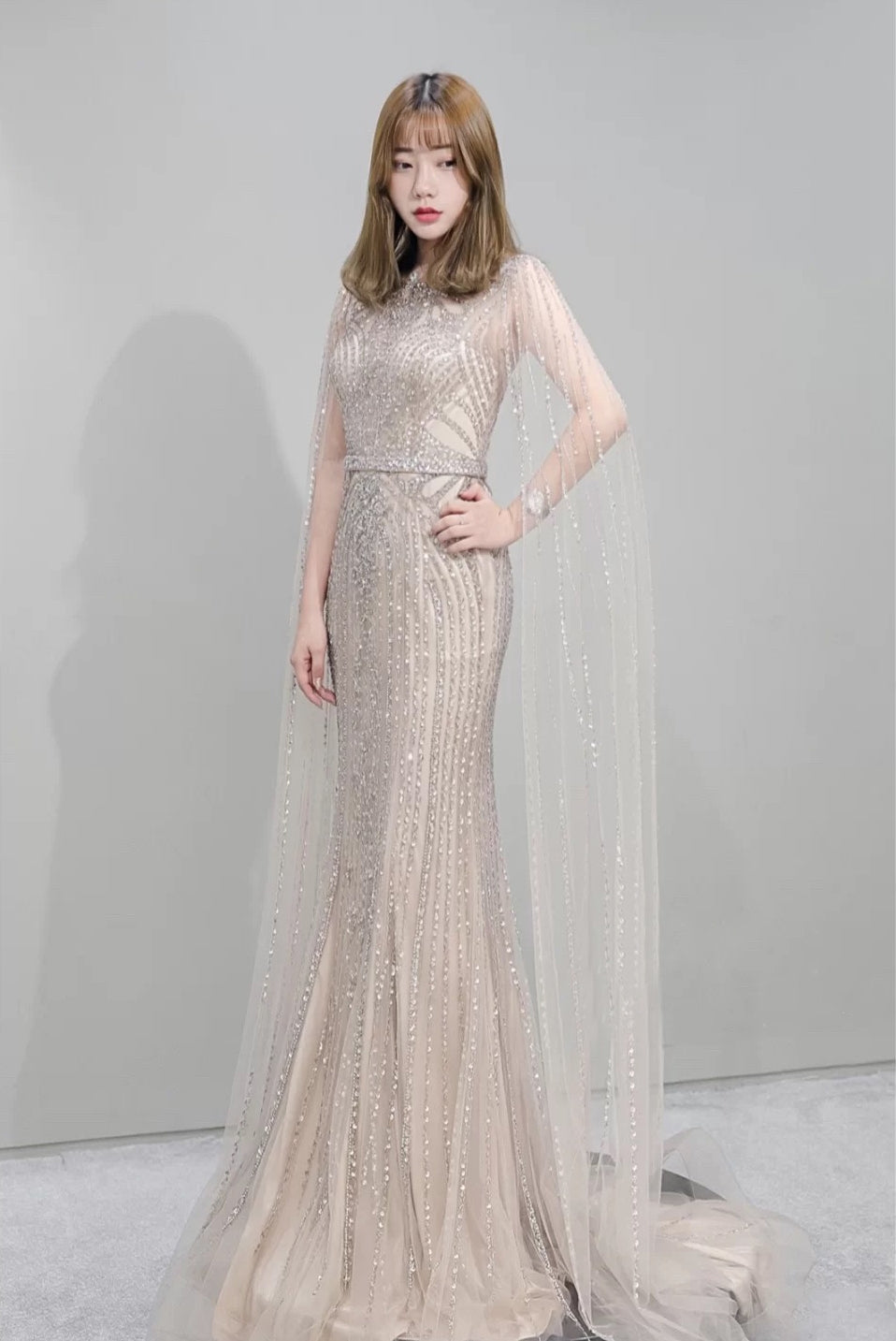 Elegant Fishtail Zipper Floating Sleeve Long Dress | Sophisticated Mermaid Host Gown | High-Sense Evening Party Dress | Luxury Flare Sleeve Formal Gown for Women