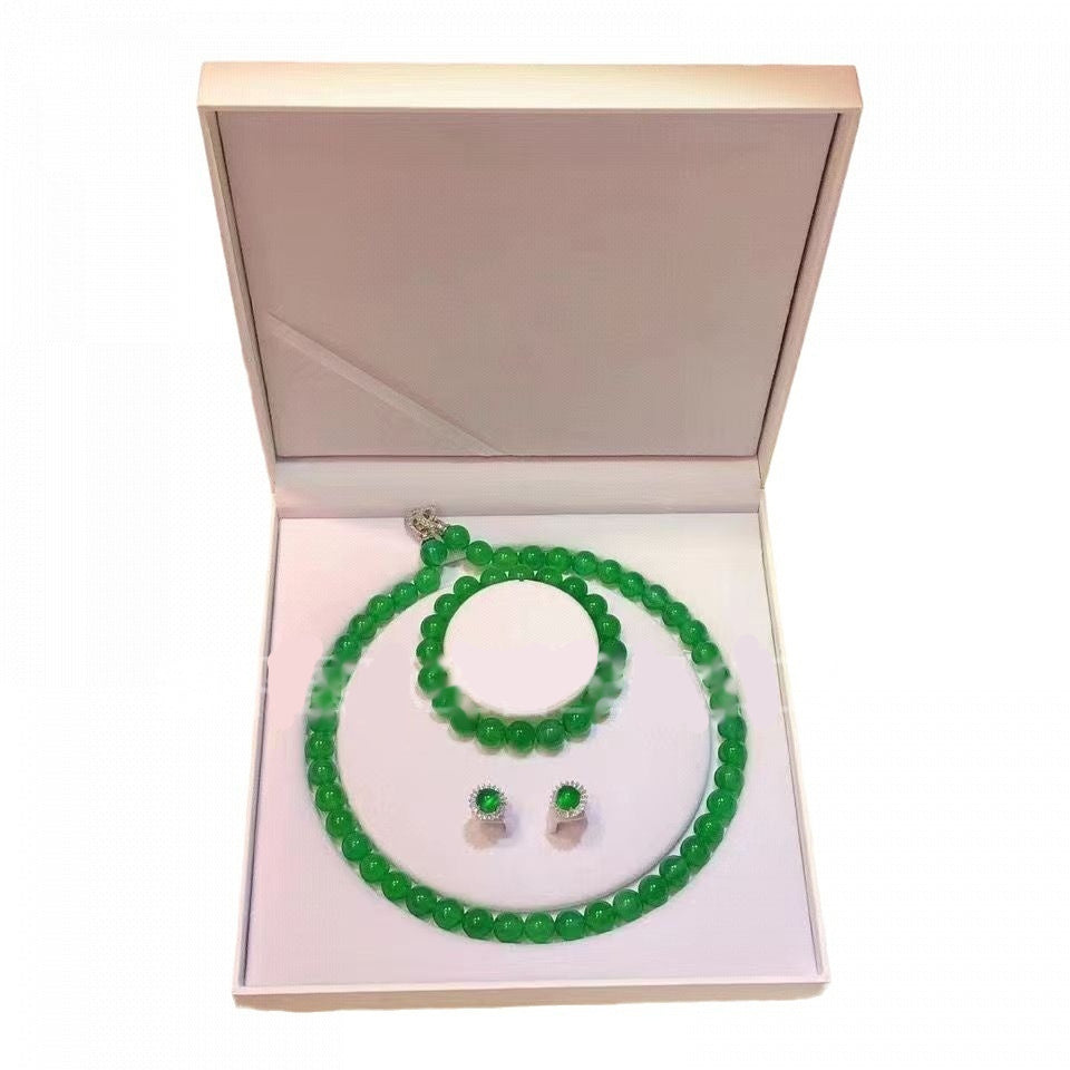 Emperor Green Chalcedony Jewelry Set | Luxury Ball Bead Bracelet, Necklace & Eardrops Suit | Premium High-Sense Gemstone Jewelry for Women | Elegant Heritage Style Accessories Set