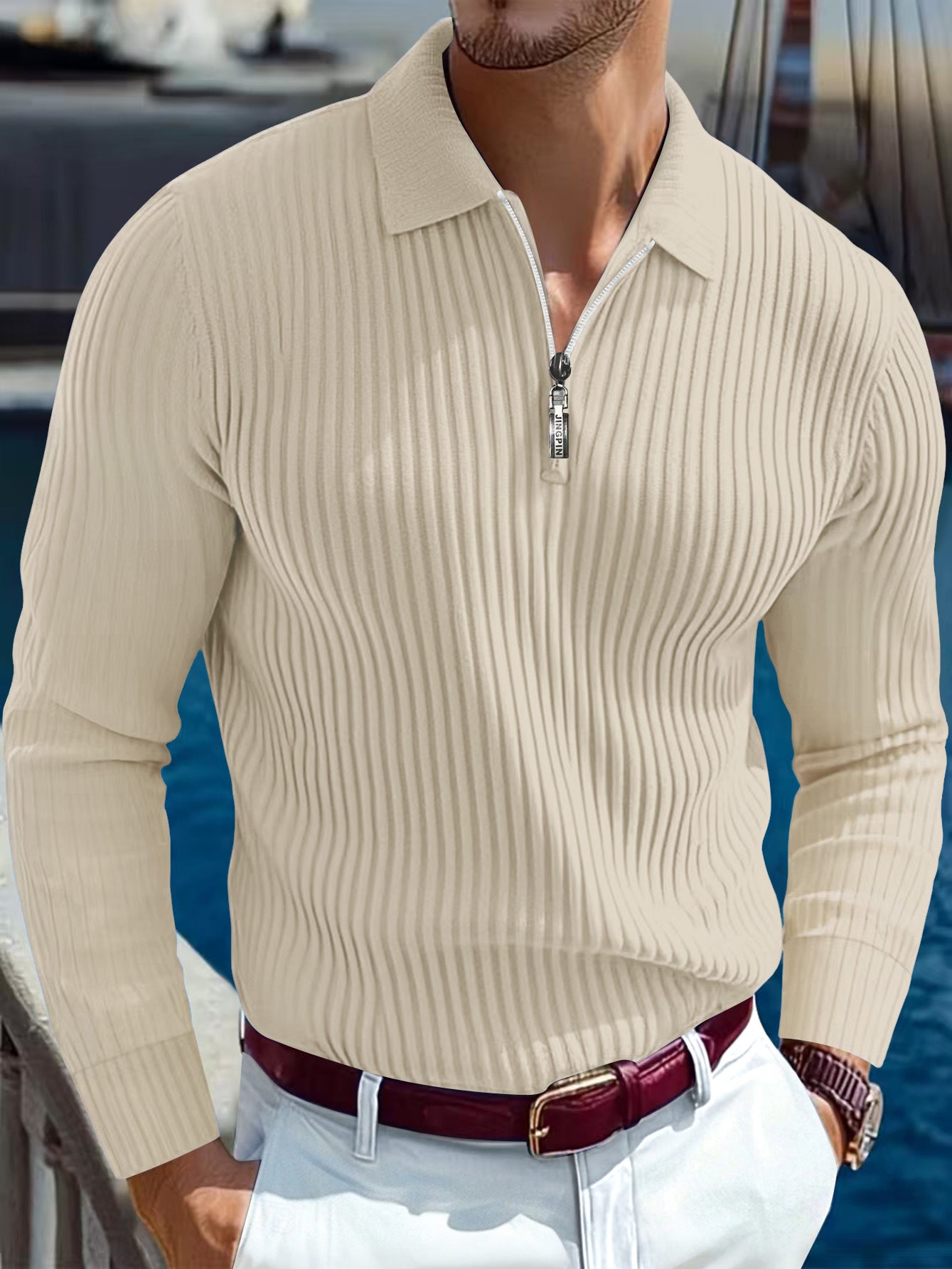 Men's Polo T-shirt With A Turn-down Collar Spring Summer Business Buttoned Long-sleeve Sports Retro Style Striped Polo Shirt For Daily Wear