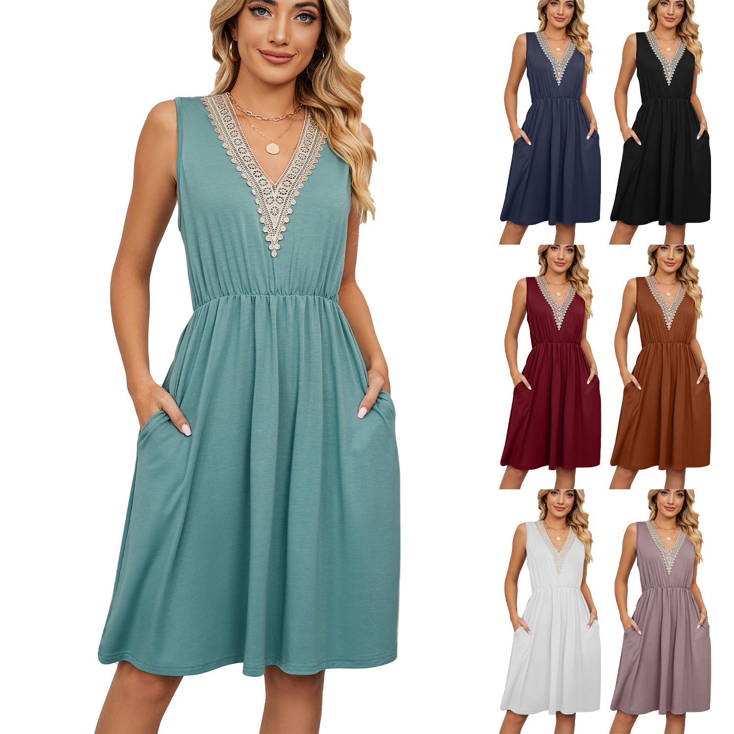 Women’s Lace Panel Sleeveless V-Neck Dress | Elegant A-Line Summer Dress with Pockets | Chic Lace Trim Party Dress | Functional & Stylish Sleeveless Sundress