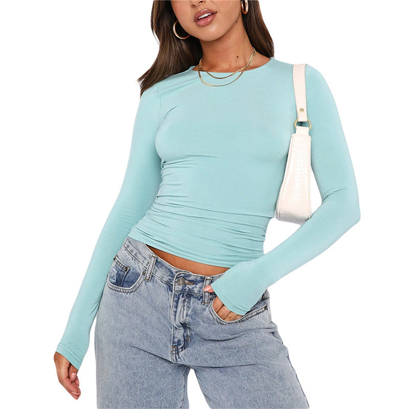 Women’s Fashion Slim-Fit Long-Sleeved Pullover | Elegant Solid Color Casual Fit Shirt | Modern Crew Neck Ribbed Base Layer | Trendy Body-Hugging Autumn Top | 2026 Minimalist Everyday Fashion Staple