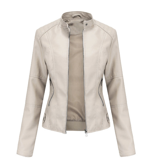 Women’s Stand Collar Zip-Up Leather Jacket | Elegant Solid Color Moto Jacket | Chic Slim-Fit Faux Leather Outwear with Pockets | Modern Minimalist Biker Jacket for Women | 2026 Trendy Streetwear Jacket