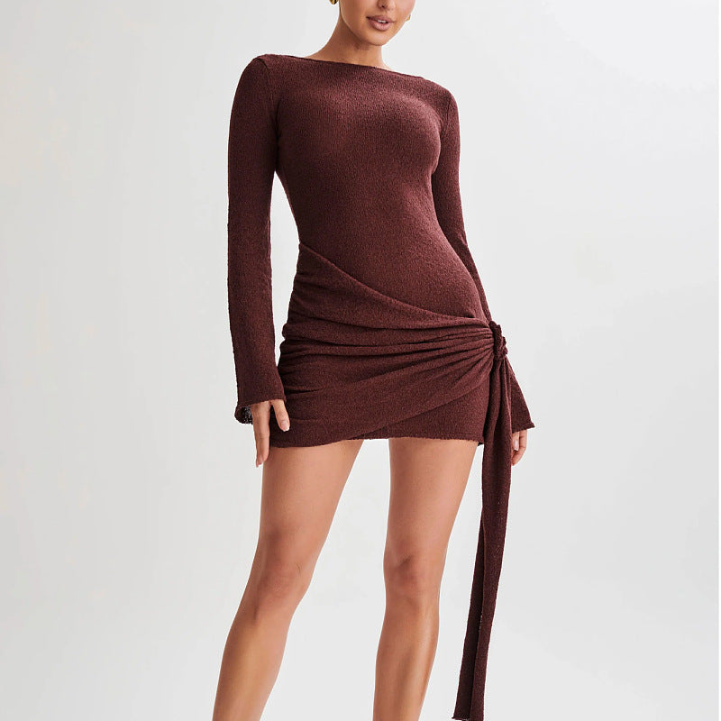 Fashion Slim Long-sleeved Dress Y2K Hip-hugging V-shaped Backless Short Dresses Womens Clothing