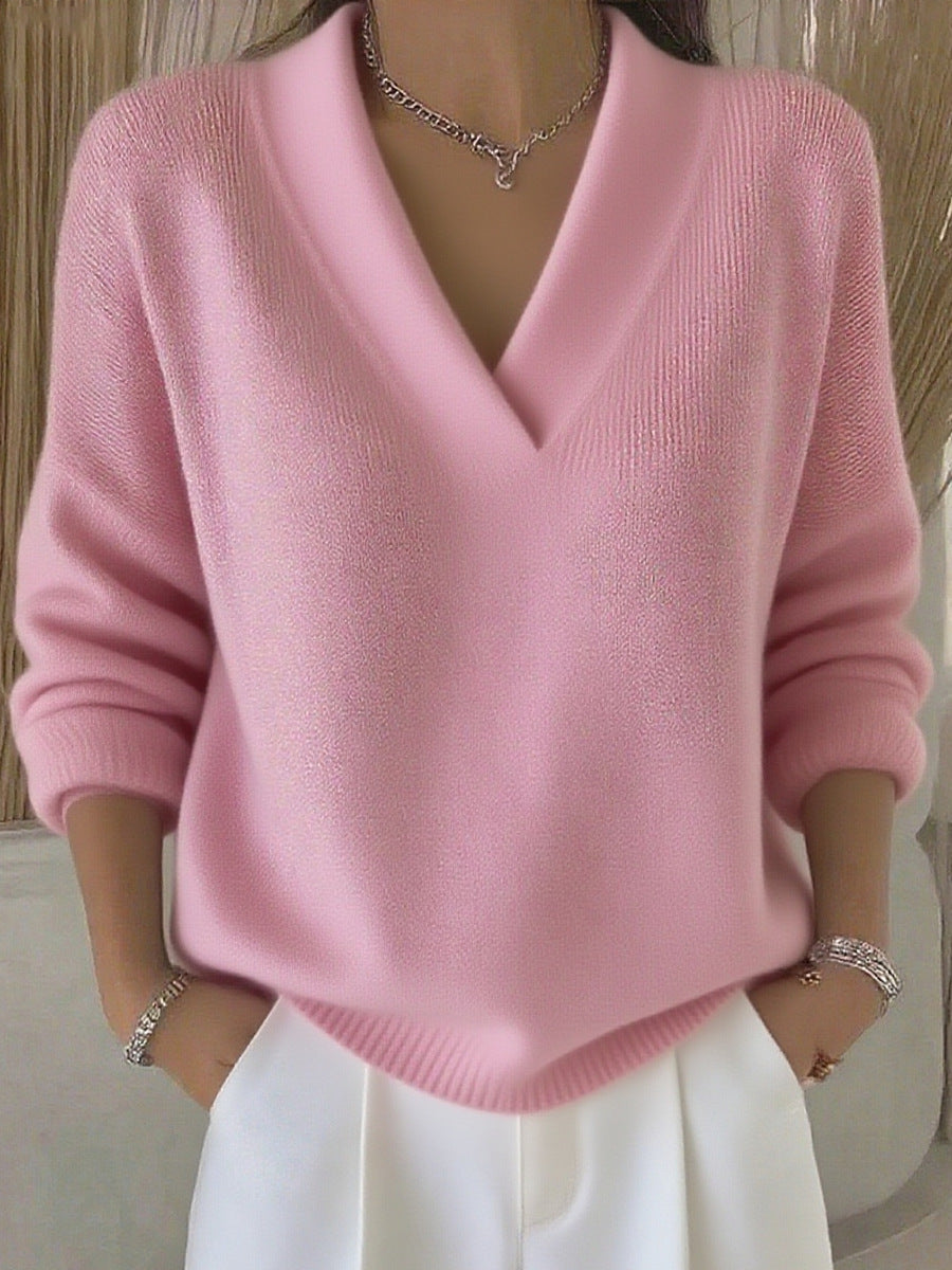 Women’s Elegant Soft V-Neck Long Sleeve Sweater | High-Sense Loose Knitted Casual Pullover | Trendy Minimalist Autumn & Winter Knitwear | Luxury-Label Statuesque Seasonal Essential | 2026 High-Fashion Radiant Comfort Wear