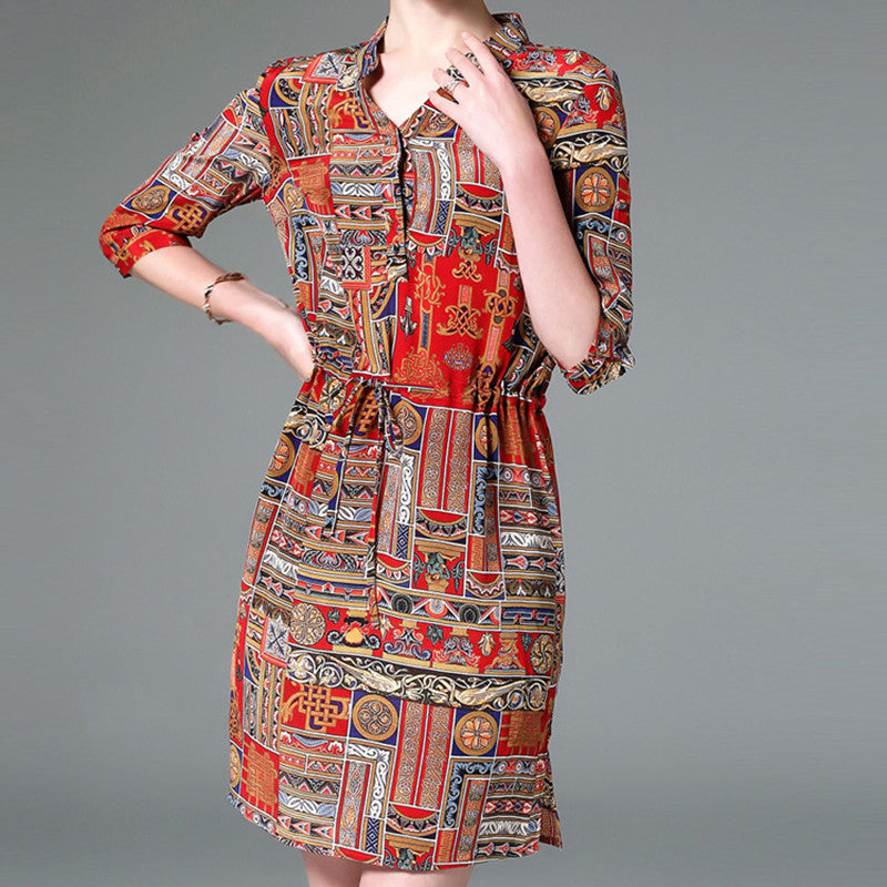 Ladies Vintage Print Slim-Fit Shirt Dress | Elegant Long Sleeve Patterned Midi Dress | Retro Stitching Detail Button-Down Dress | Women’s High-Sense Fashion Office & Casual Wear