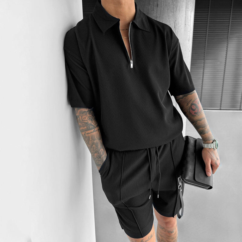 Men’s Summer Zipper Polo & Shorts Set | Casual 2-Piece Short Sleeve Outfit | Trendy Zipper Neck Polo with Drawstring Shorts | High-Sense Athleisure Men’s Set | 2026 High-Fashion Urban Summer Suit