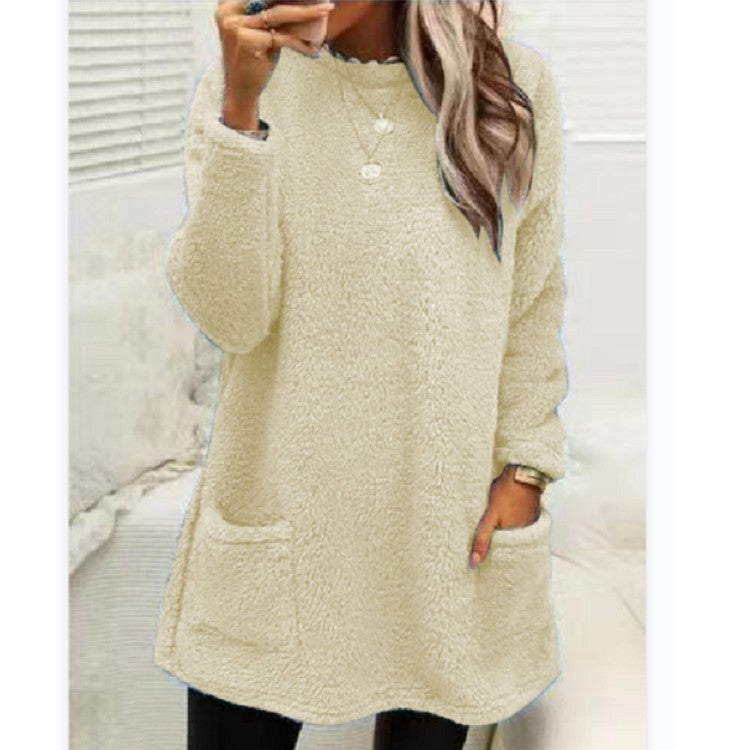 Women’s Plush Fleece Pullover Long Sweater | Winter Warm Thickened Hooded Sweatershirt | Casual Long Sleeve Plush Tops with Pockets | Trendy Loose Fit Hoodie Coat | 2026 Winter Streetwear Outerwear