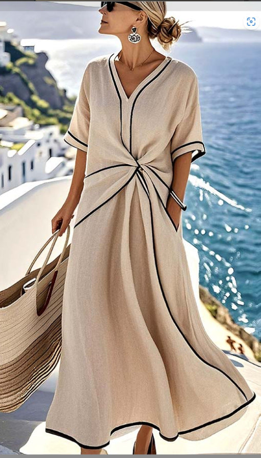 Summer Striped Print Dress Casual Beach Vacation Short-sleeved Maxi Dress Womens Clothing