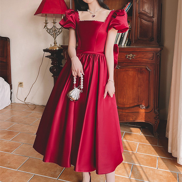 Winter Wine Red Engagement Dress | French Retro "Princess on the Run" Satin Dress | Elegant Long-Sleeve Romantic Evening Gown | Luxury Deep Red Formal Party Dress | 2026 High-Fashion French Aesthetic Gown