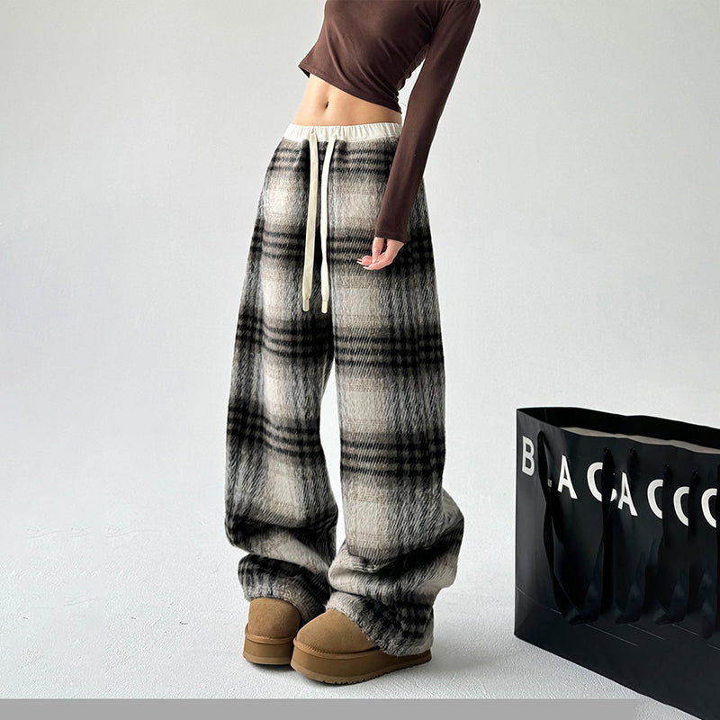 Women’s High-Waisted Plaid Wide-Leg Pants | Trendy Check Pattern Trousers with Drawstring | Casual Loose Fit Plaid Pants with Pockets | High-Sense Vintage British Style Trousers | 2026 Autumn/Winter Fashion Bottoms