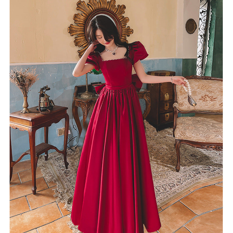 Winter Wine Red Engagement Dress | French Retro "Princess on the Run" Satin Dress | Elegant Long-Sleeve Romantic Evening Gown | Luxury Deep Red Formal Party Dress | 2026 High-Fashion French Aesthetic Gown