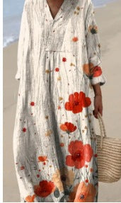 Women’s Printed Long-Sleeve Maxi Dress | Elegant Wide V-Neck Bohemian Gown | Flowy Patterned A-Line Floor-Length Dress | Sophisticated Floral/Geometric Summer Maxi | 2026 Modest Fashion Gown