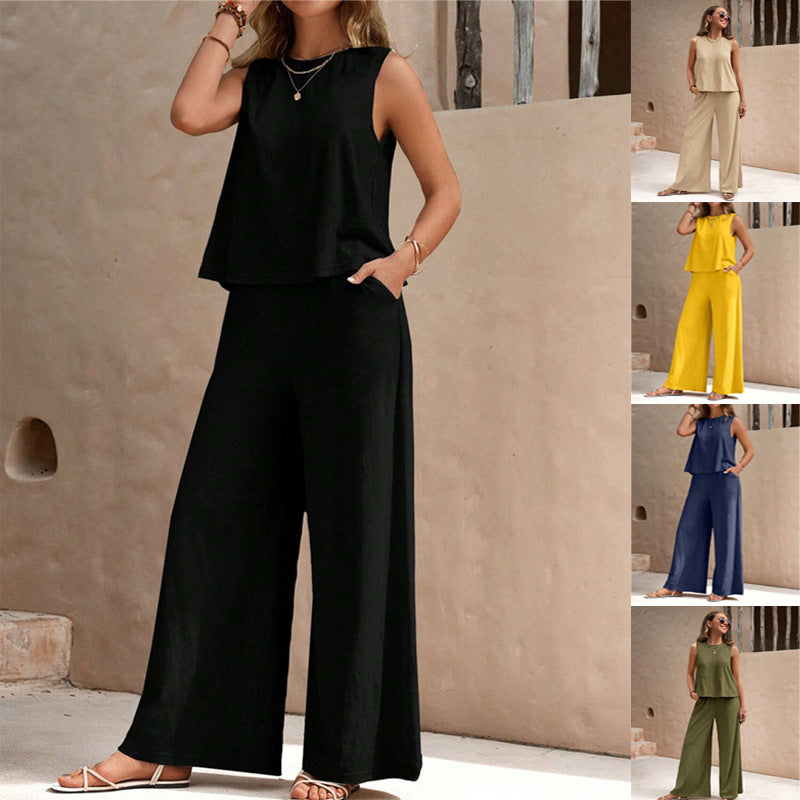 Women’s Solid Color Casual Loose Pants Set | Elegant Spring Summer Two-Piece Suit | High-Sense Breathable Full Trouser Set | Trendy Minimalist Wide-Leg Female Outfit | 2026 High-Fashion Relaxed Fit Co-ord Set