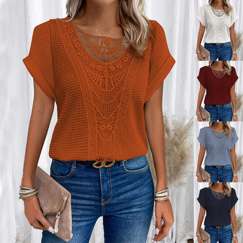Women’s Summer Hollow-Out T-Shirt | Fashion Ethnic Style Short-Sleeved Top | Elegant Embroidered Lace Knit Blouse | Trendy Minimalist Breathable Summer Clothing | 2026 High-Fashion Artisan Ethnic Top