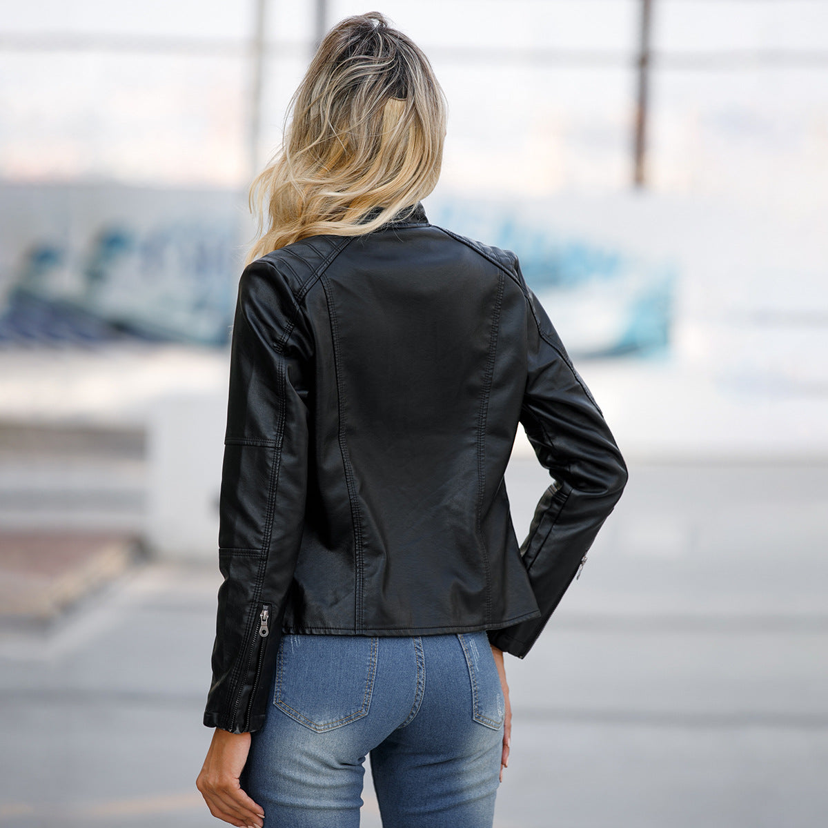 Women’s Stand Collar Zip-Up Leather Jacket | Elegant Solid Color Moto Jacket | Chic Slim-Fit Faux Leather Outwear with Pockets | Modern Minimalist Biker Jacket for Women | 2026 Trendy Streetwear Jacket