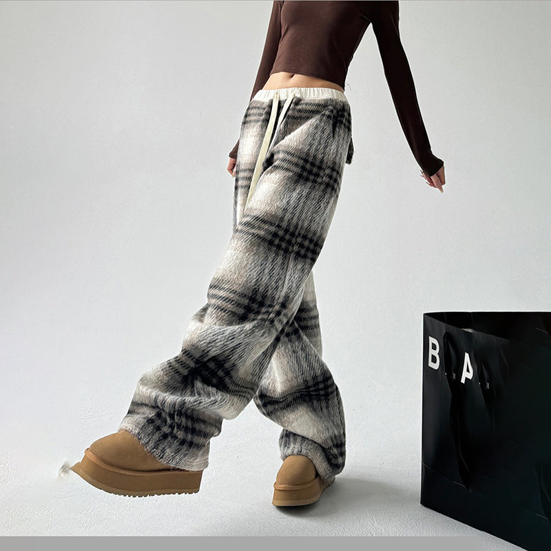 Women’s High-Waisted Plaid Wide-Leg Pants | Trendy Check Pattern Trousers with Drawstring | Casual Loose Fit Plaid Pants with Pockets | High-Sense Vintage British Style Trousers | 2026 Autumn/Winter Fashion Bottoms