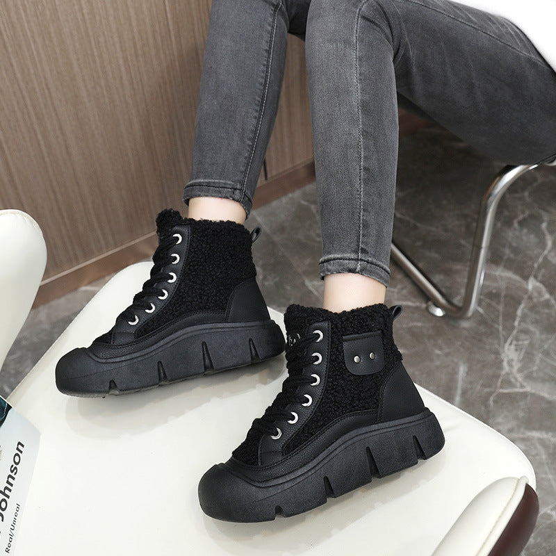 Women’s High-Top Cashmere Snow Boots | Winter Warm Lace-Up Flat Shoes | Height-Increasing Streetwear Winter Boots | Fashionable Campus Style Warm Sneakers